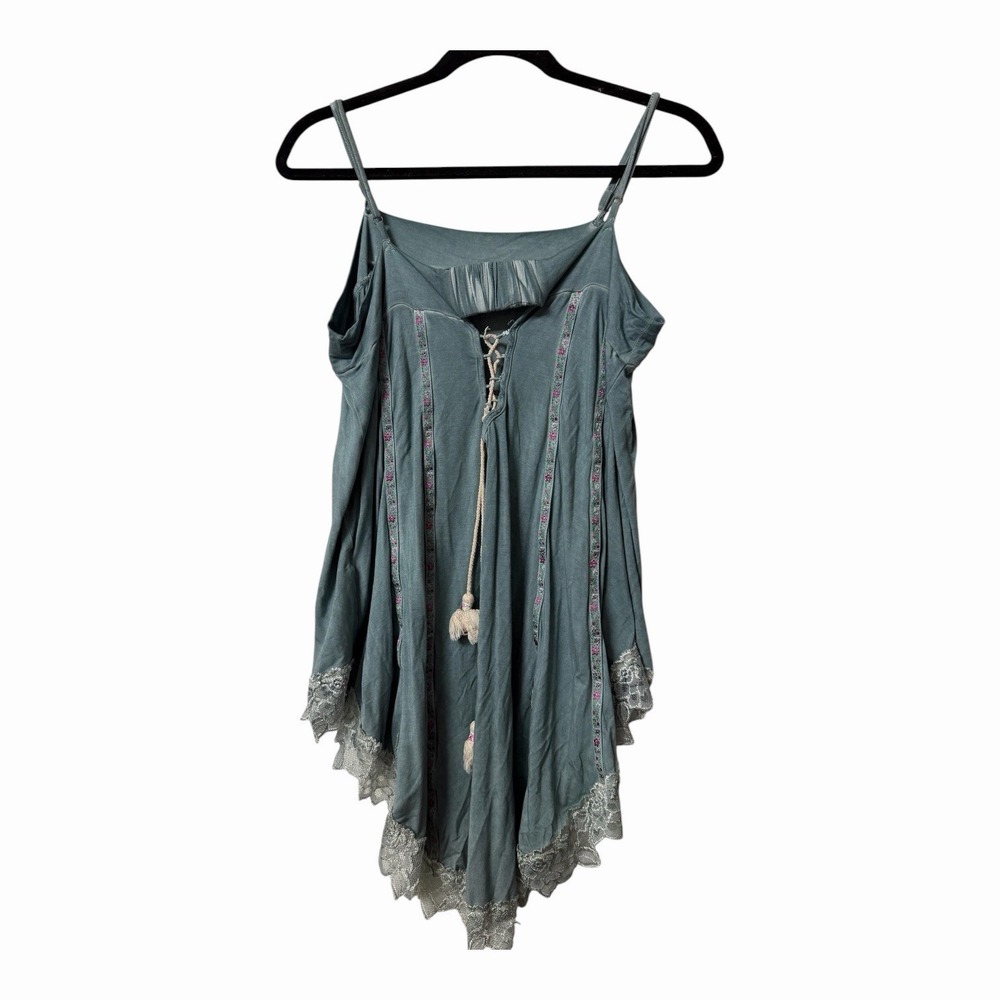 POL Sage Green Lace Trim Lace Up Boho Tunic Tank Top Women's Large